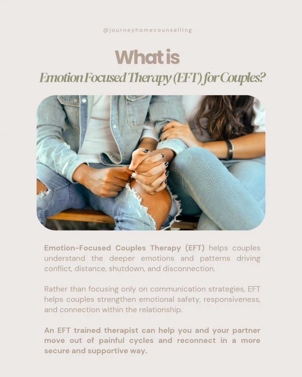 One of the questions couples often ask when reaching out to our clinic is: &ldquo;How do you actually work with couples?&rdquo;

Emotionally Focused Therapy (EFT) is an evidence-based framework that has proven to have very successful outcomes for cou