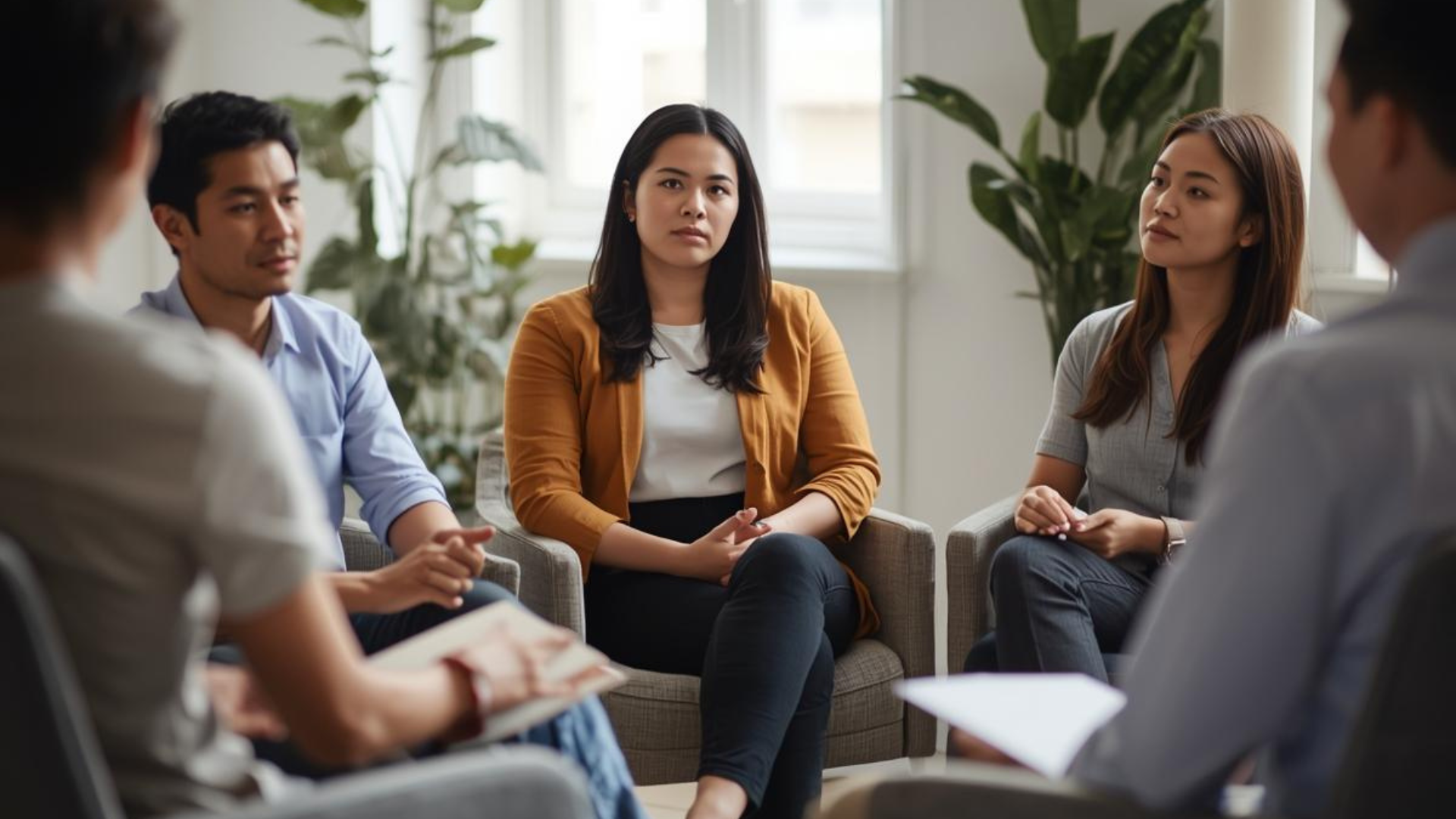 People having a group discussion in a bright room with large windows and green plants.