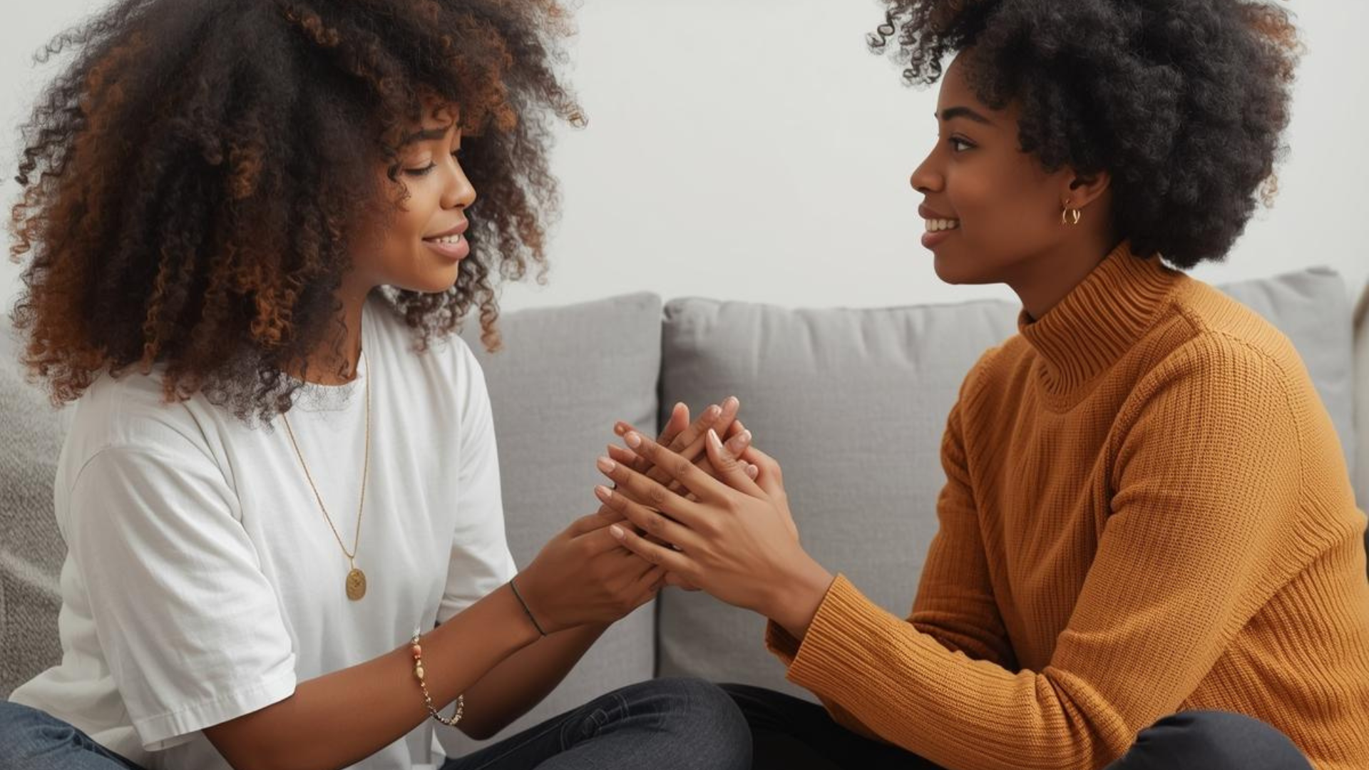 Two women sitting on a sofa, holding hands, smiling and looking at each other in a cozy living room.