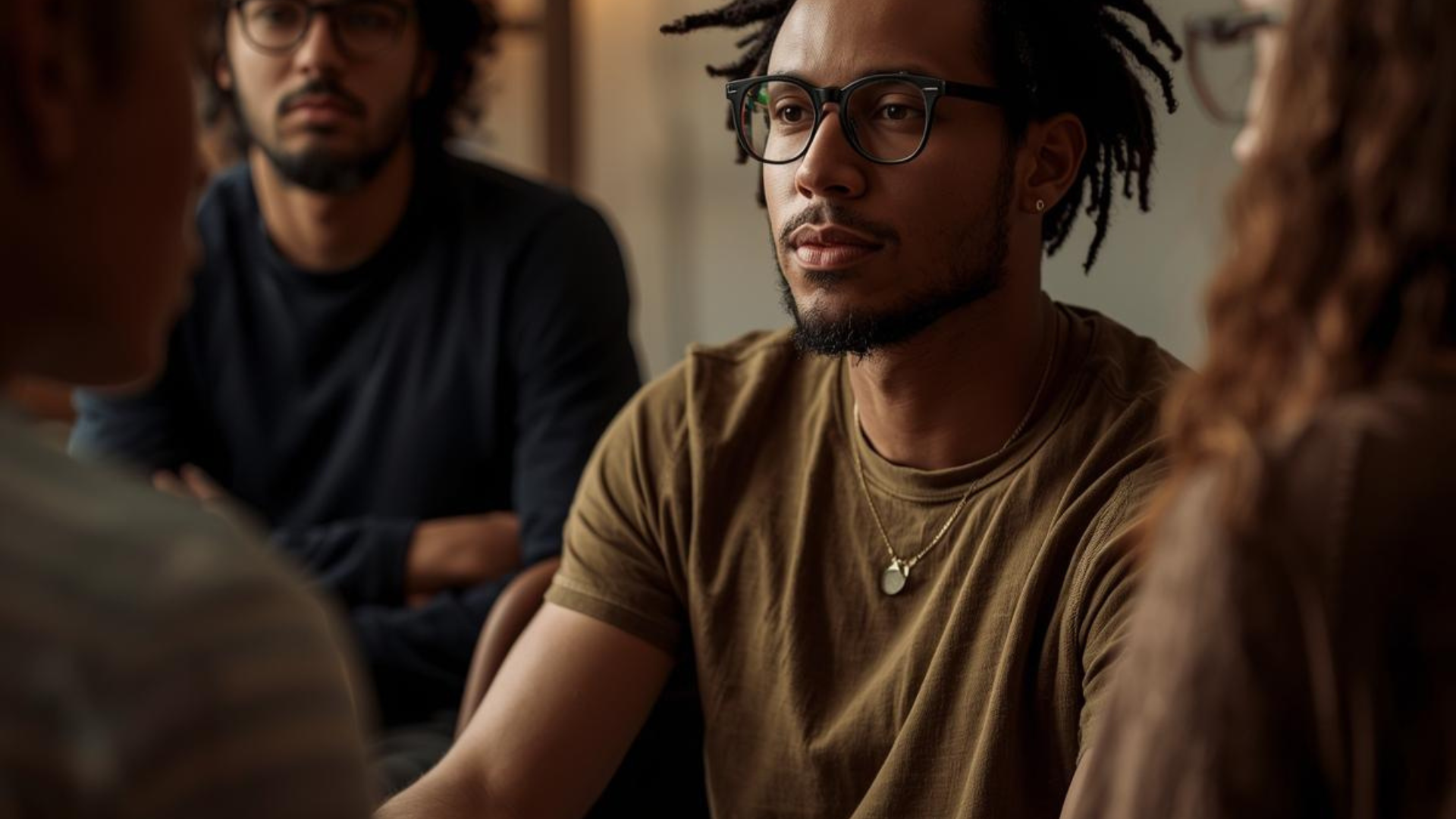 Group of four diverse young adults sitting and talking indoors, engaged in conversation.