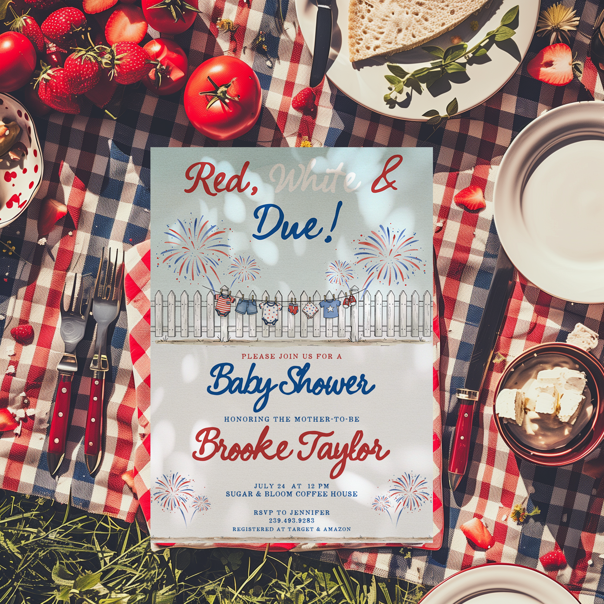 Red, White and Due Baby Shower Invitation