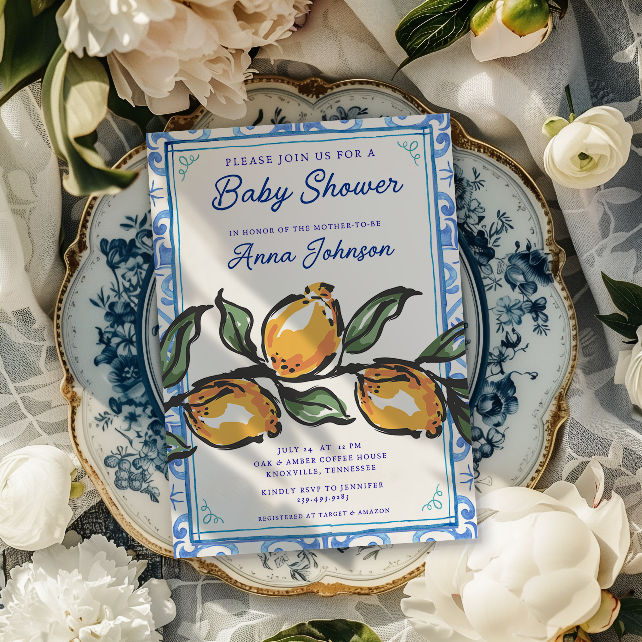 Amalfi Blue Lemon Baby Shower Invitation | Instant Download