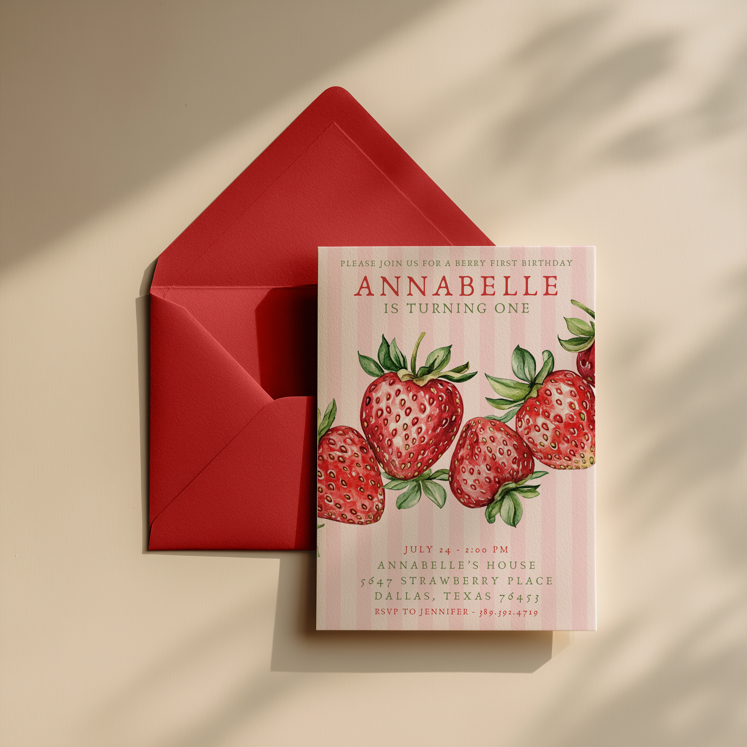 Editable Pink Berry First Birthday Invitation | Instant Download