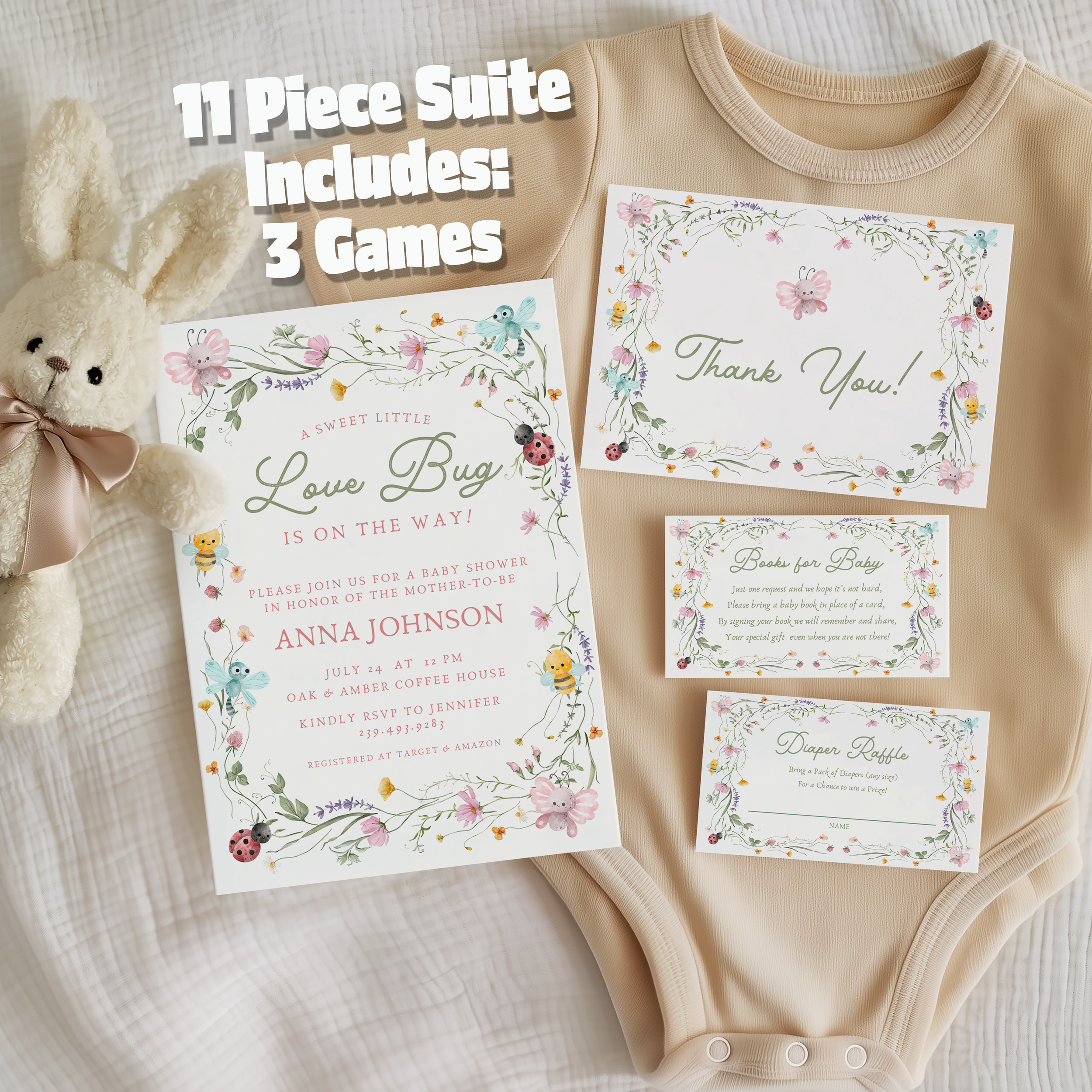 Editable Little Love Bug Baby Shower Invitation Suite | Instant Download