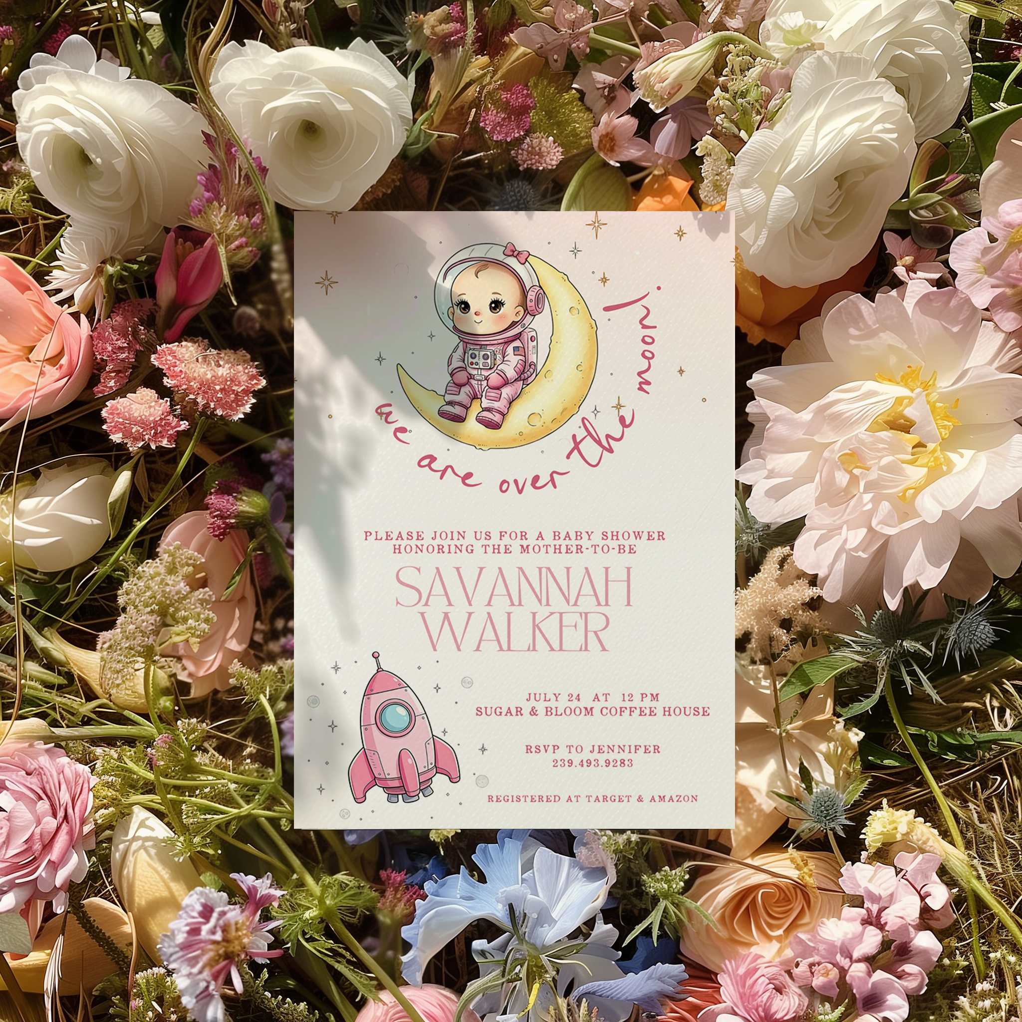Over the Moon Girl Baby Shower Invitation