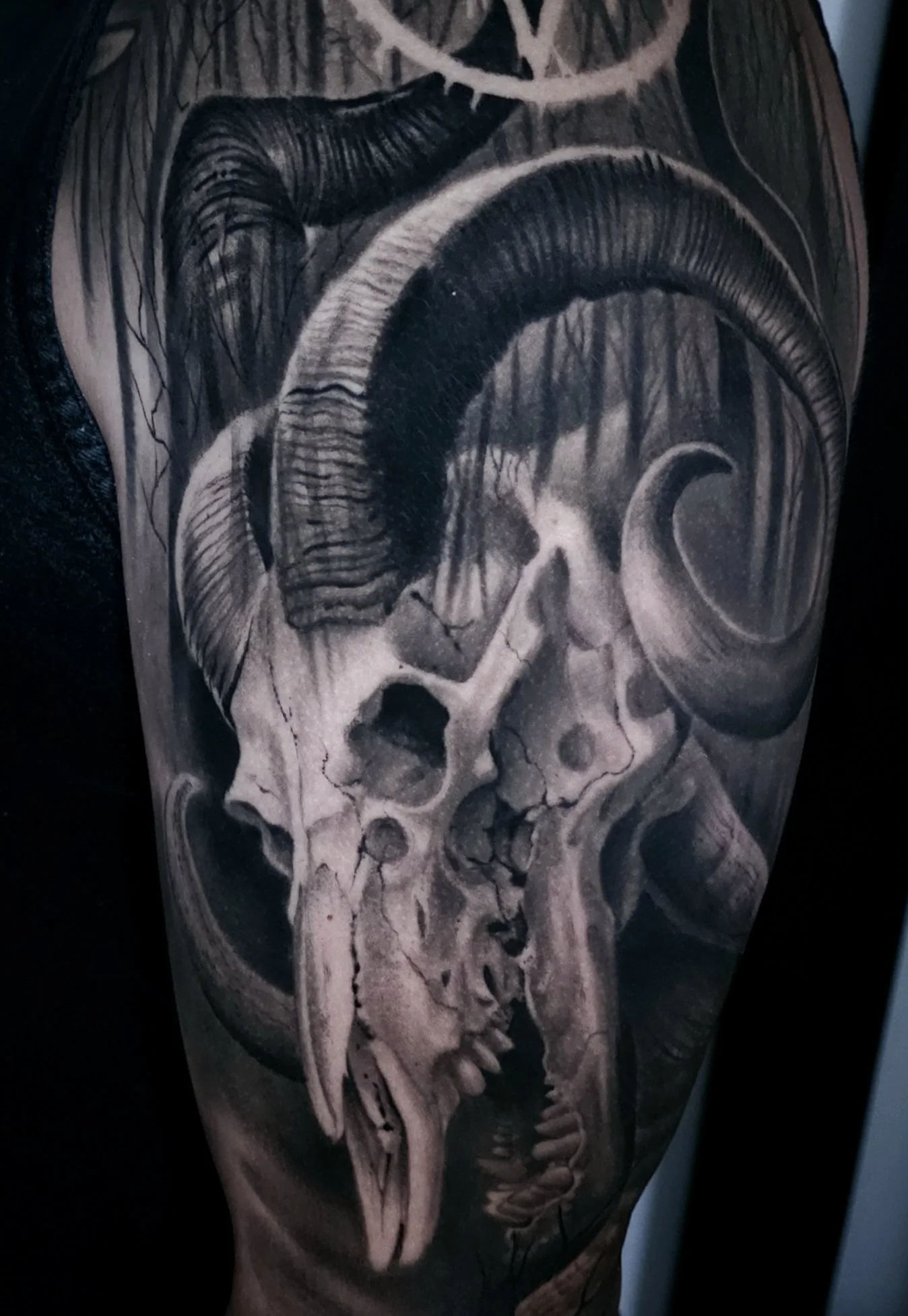 Black and gray realistic tattoo of a ram skull with large curved horns, overlaid with detailed shadowing and cracks.