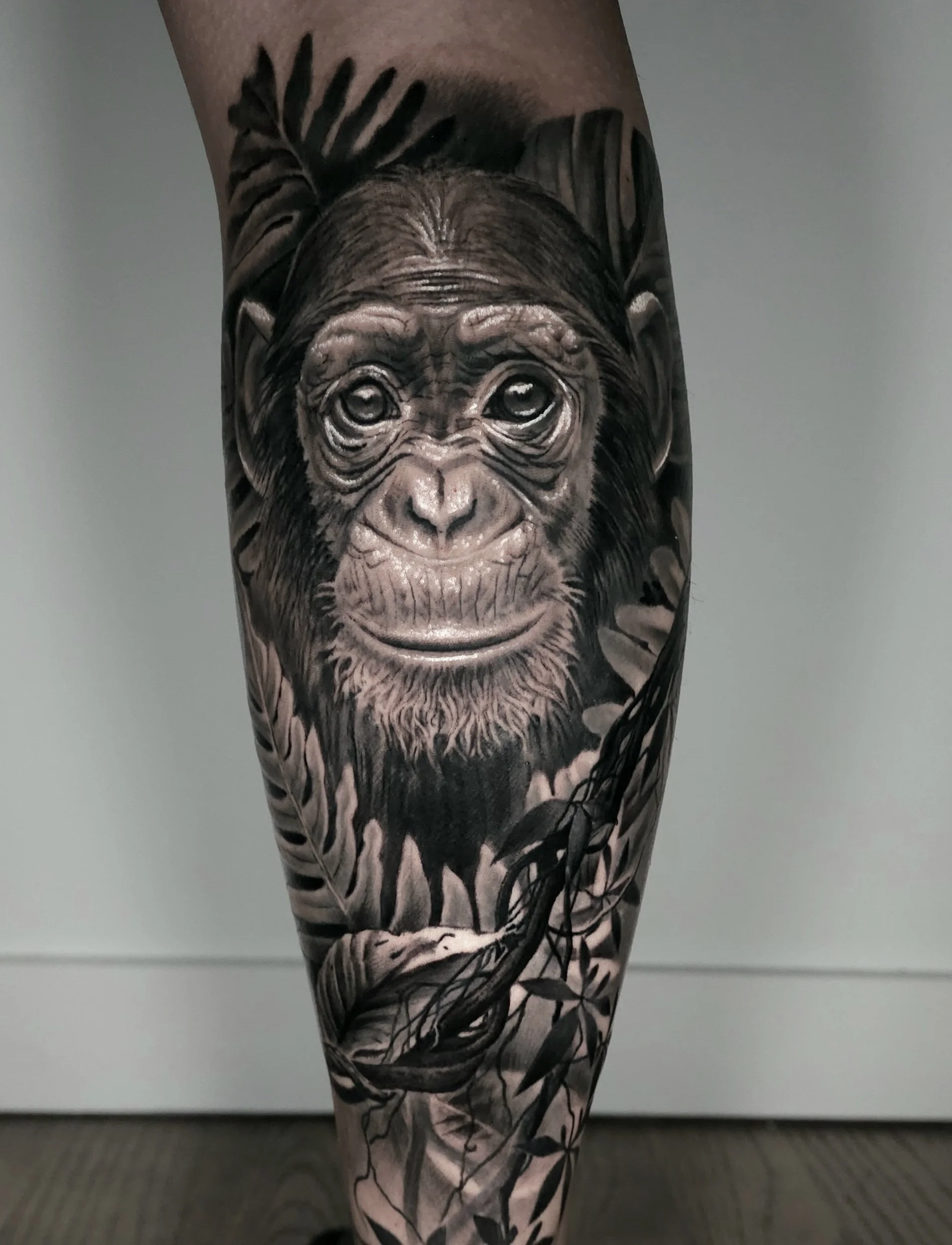 Black and gray tattoo of a chimpanzee's face surrounded by leaves on a person's leg.
