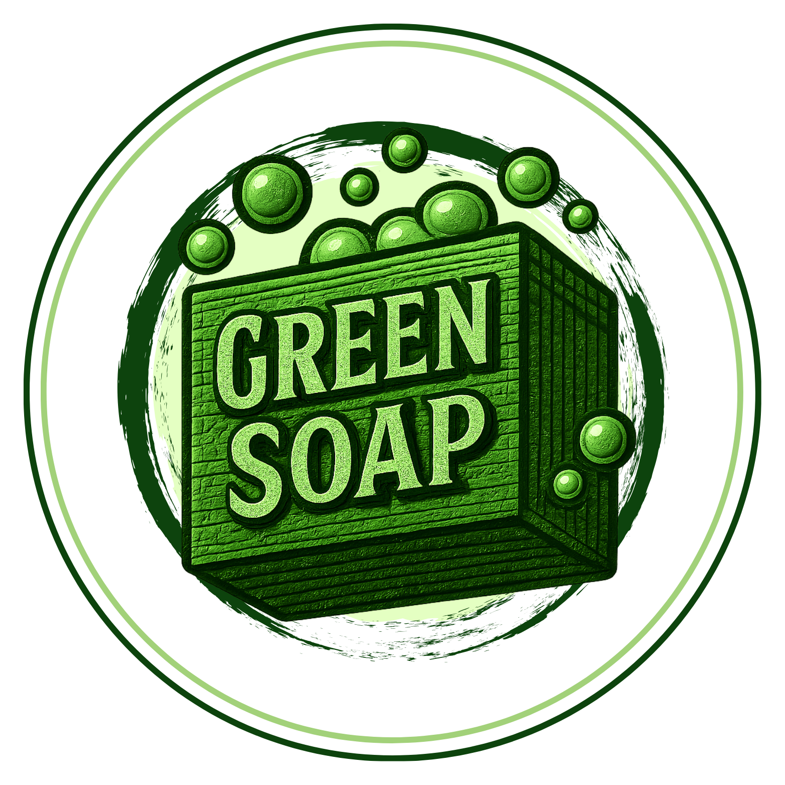 A soap bar labeled 'Green Soap' with bubbles around it, depicted in a stylized, green digital illustration.