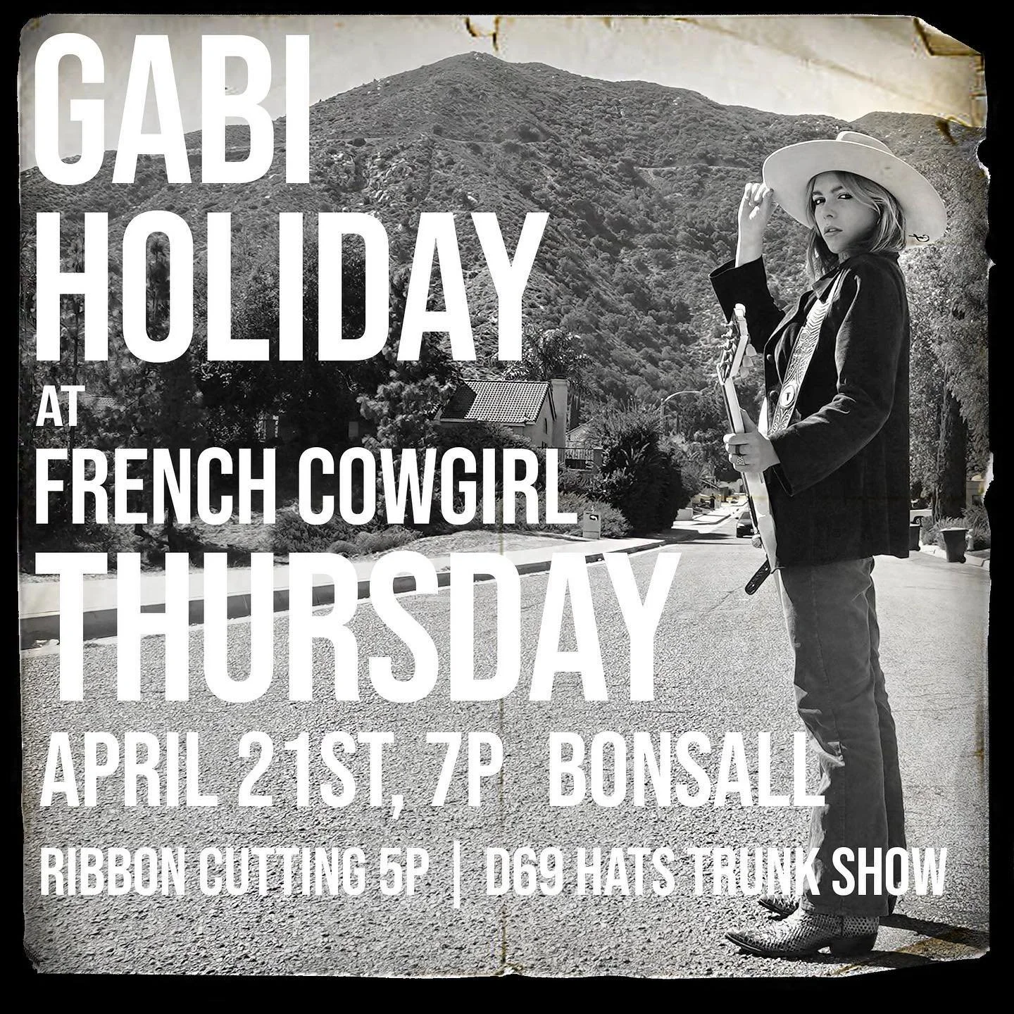 Gabi&rsquo;s playing a short set of her amazing originals and classic covers round about 7p tomorrow night in honor of French Cowgirl&rsquo;s official opening. Bonsall, CA. I&rsquo;m hosting a D69 Hats trunk show all night! Starts at 5:30p&hellip; Gi