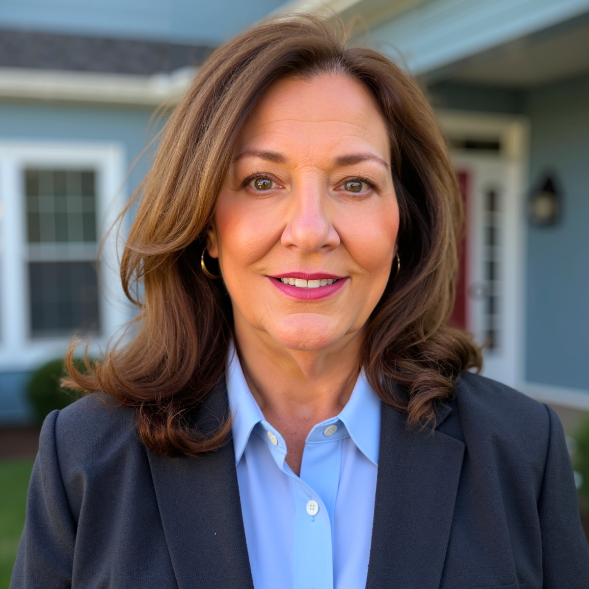 Close-up of a smiling woman with shoulder-length brown hair, wearing a blue collared shirt and black blazer, standing outside a house.