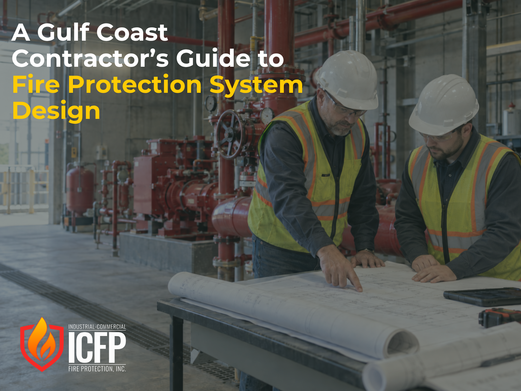 ICFP fire protection designers reviewing system plans in an industrial fire pump room.