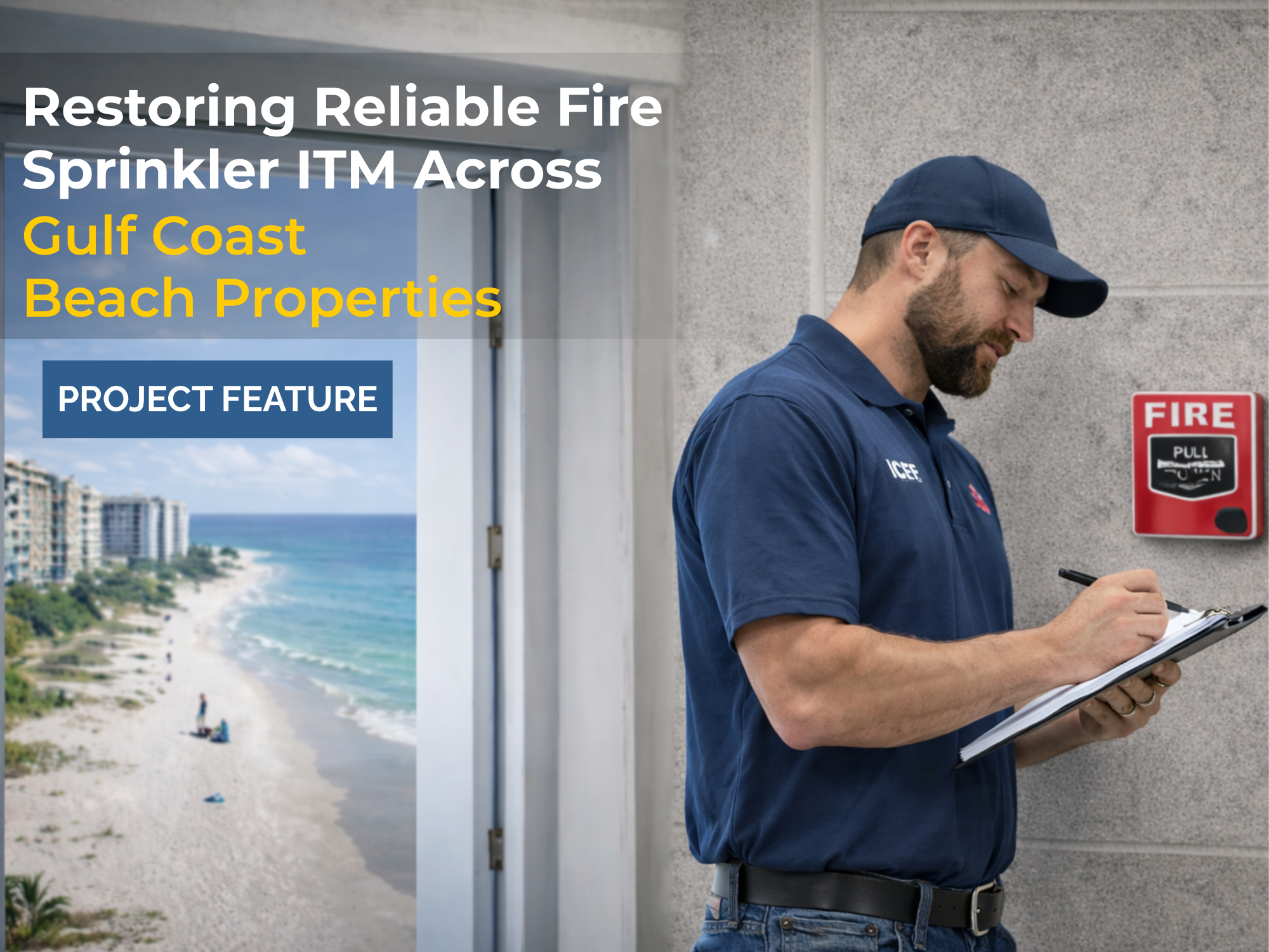 Technician performing fire sprinkler inspection and ITM service at Gulf Coast beachfront condominium property.