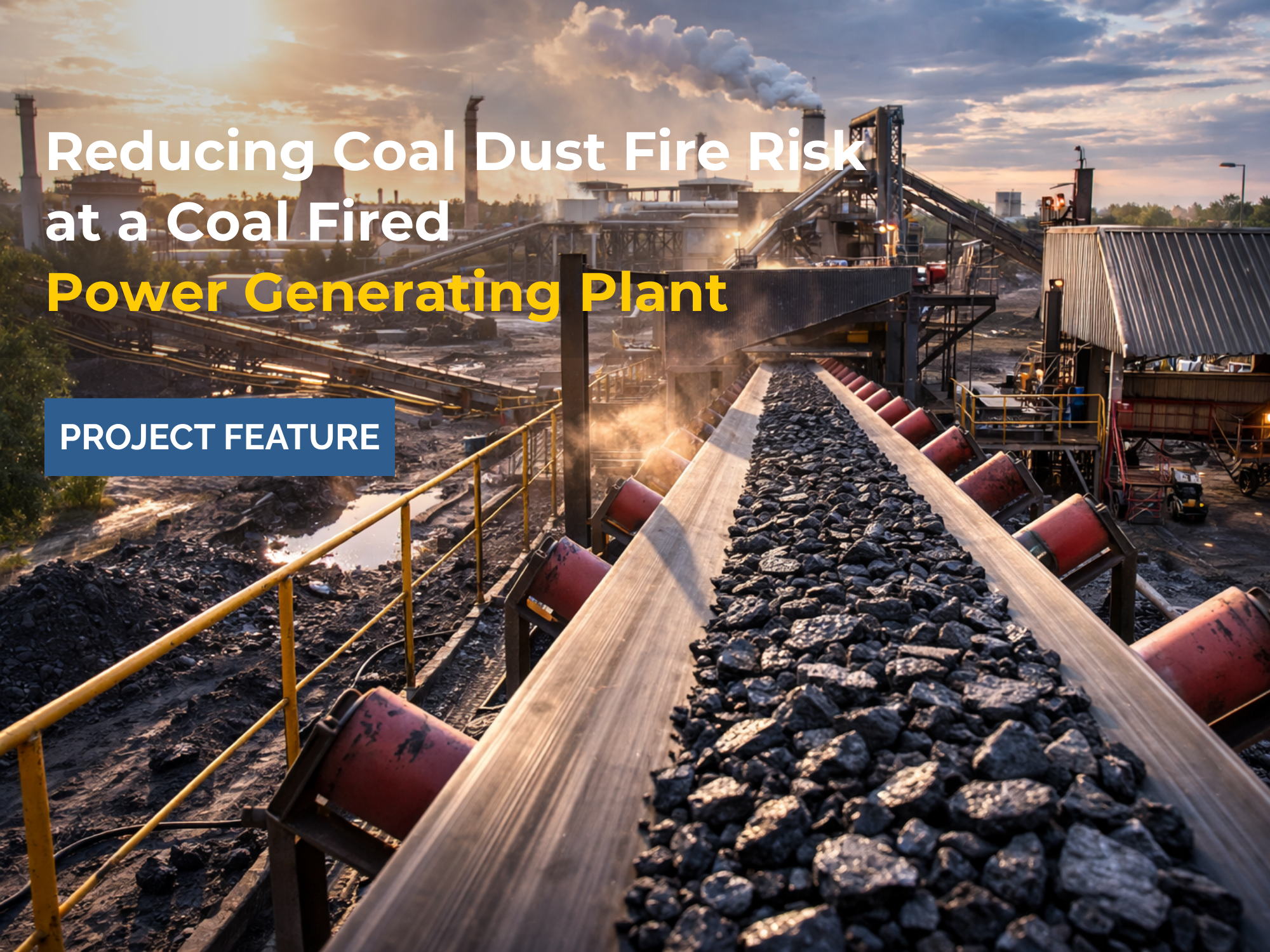 Coal handling conveyor at coal-fired power plant protected by industrial fire sprinkler deluge system.