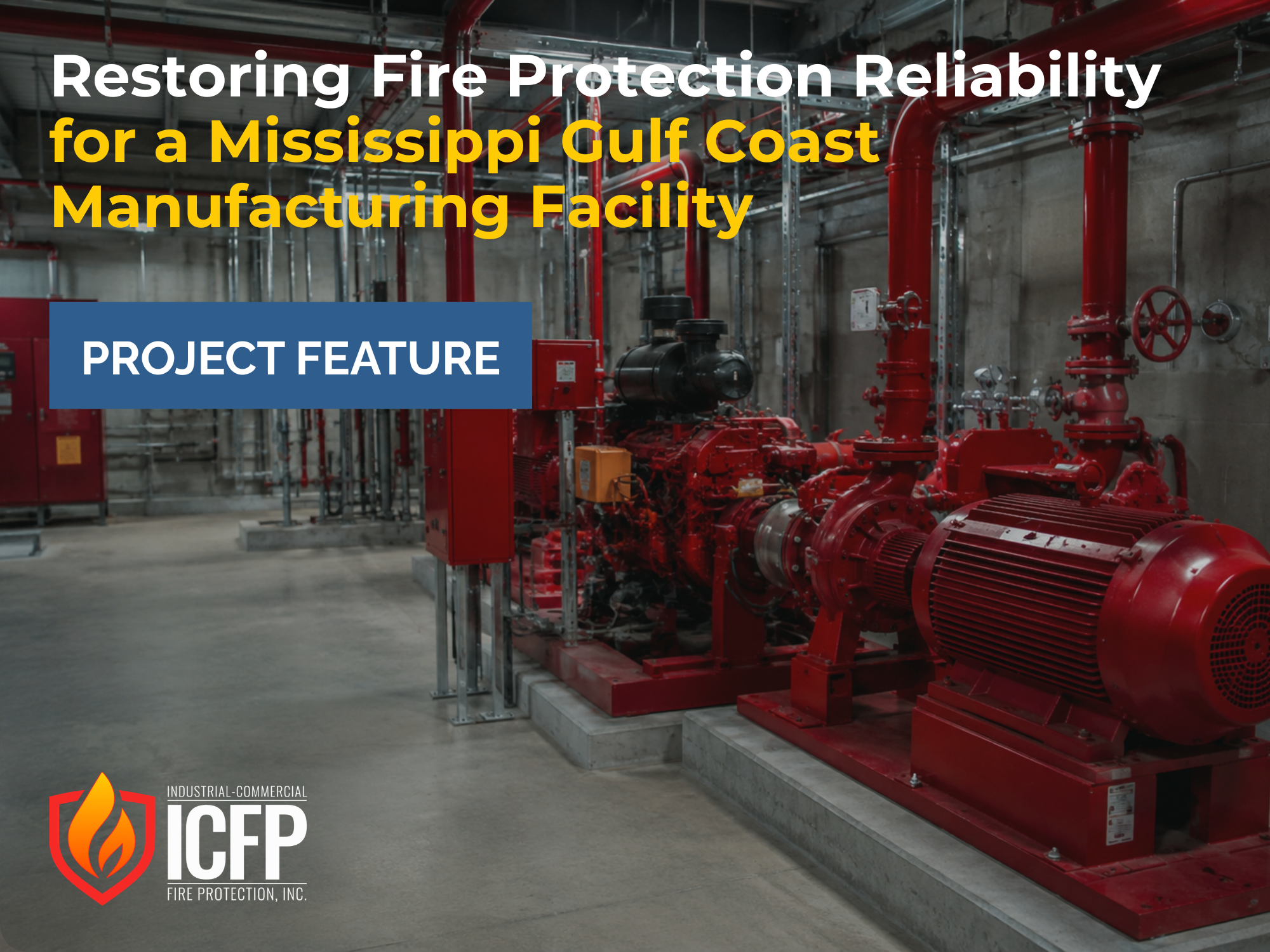 Industrial fire pump system installation inside a Mississippi Gulf Coast manufacturing facility mechanical room