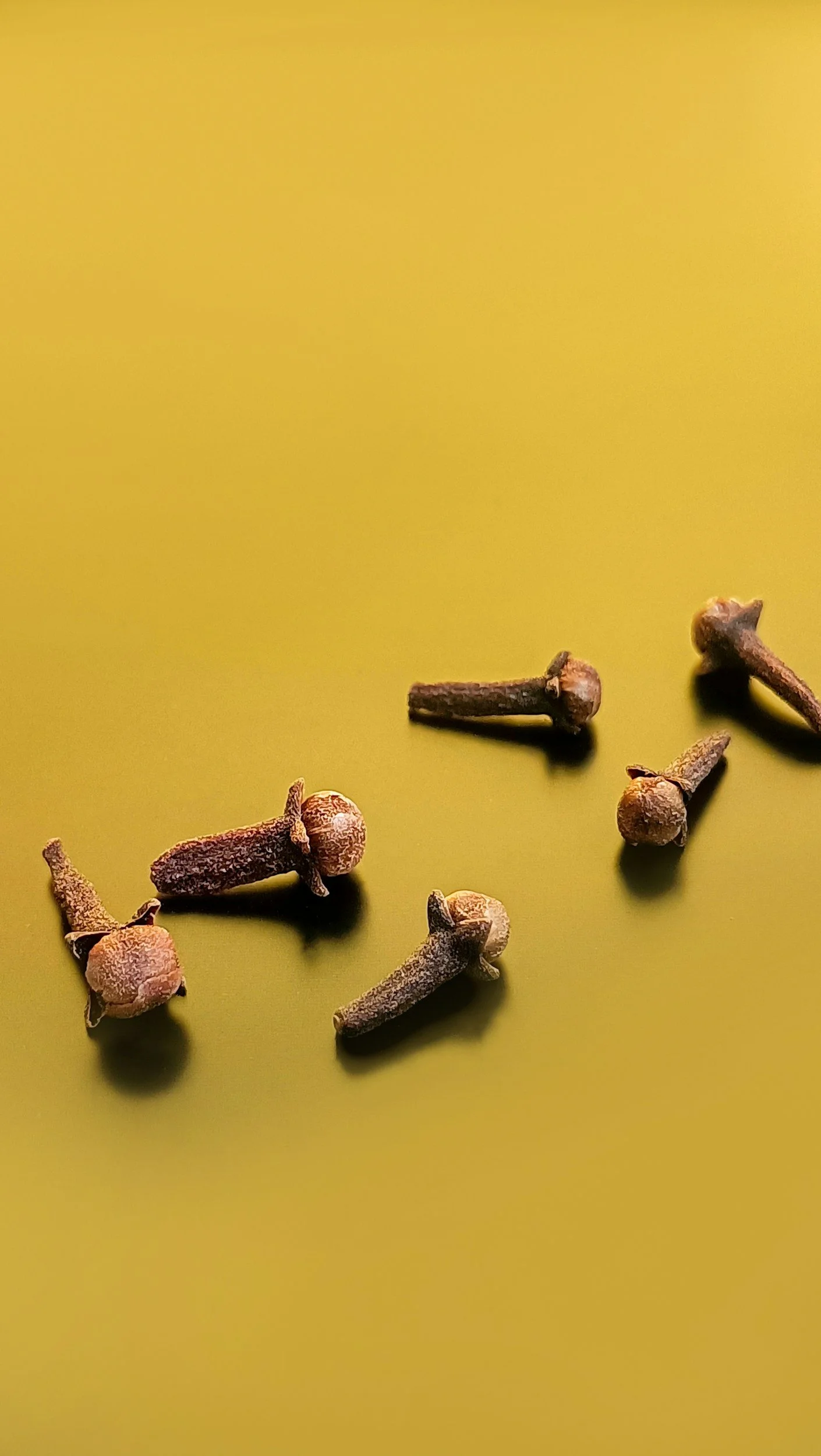 Several dried cloves of allspice scattered on a yellow surface.