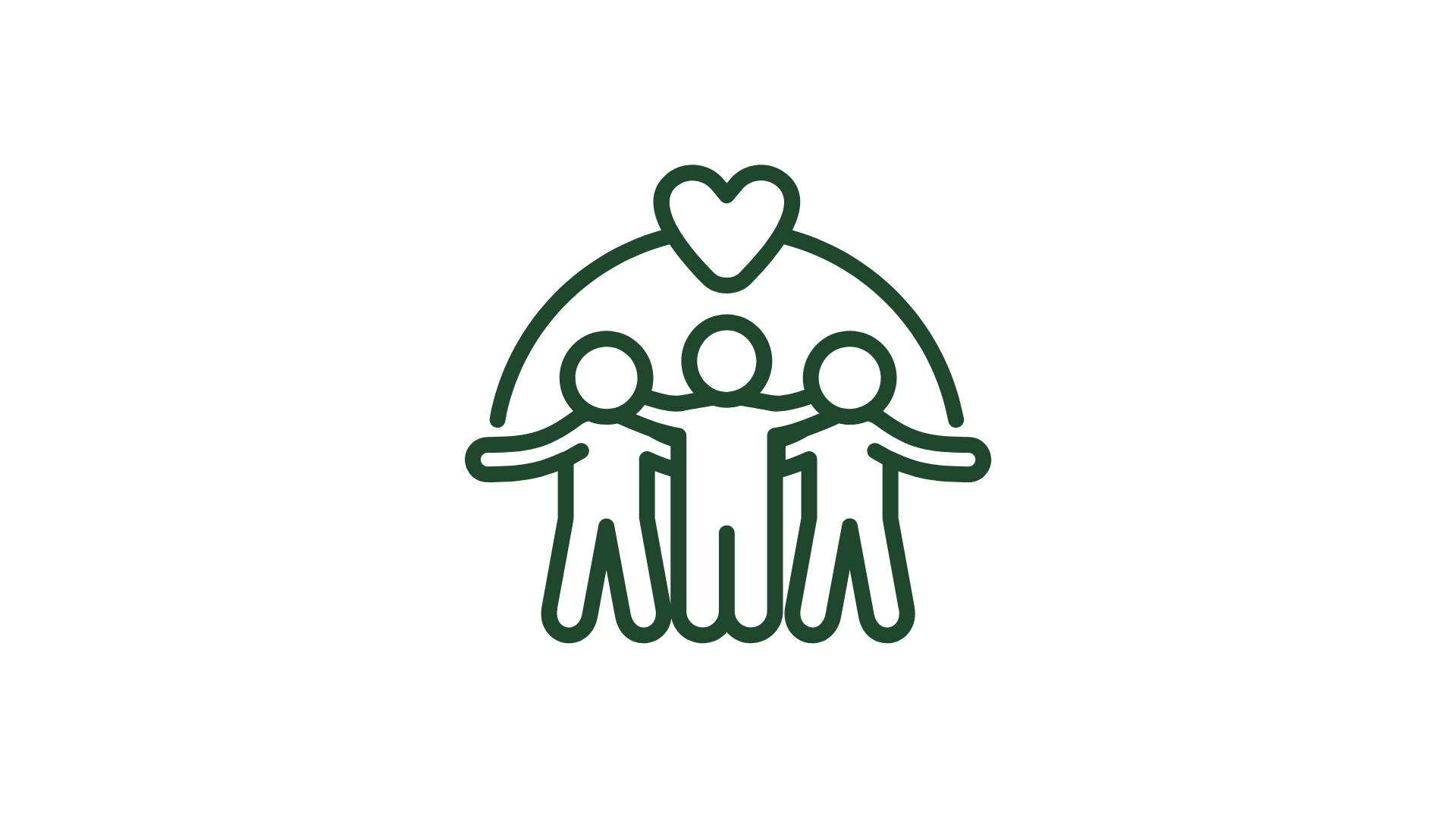 Line drawing of three people hugging under a rainbow with a heart above.