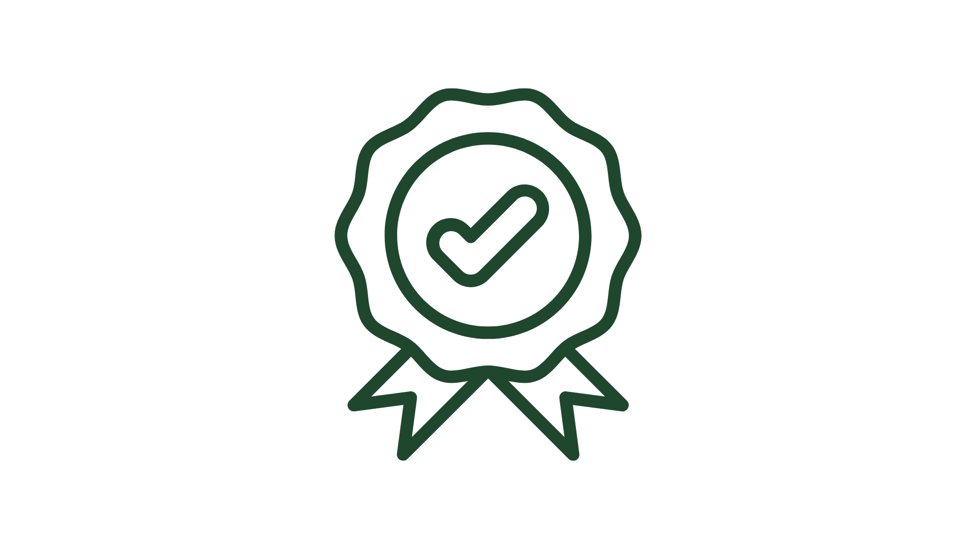 Green outline award badge with check mark in the center.
