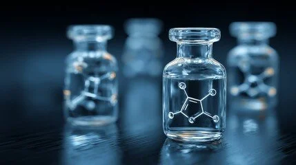 Three small glass vials containing molecular models, placed on a dark reflective surface.