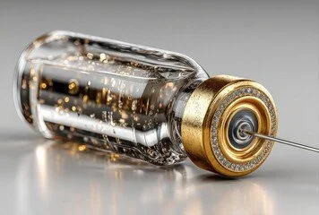 Close-up of a small glass vial with a gold cap and a needle, filled with a clear liquid, lying on a reflective surface.