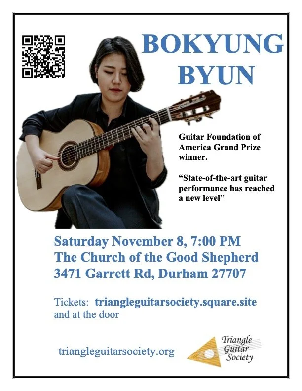 An event poster featuring Bokyung Byun, a guitar performance winner, playing a guitar. The event is on Saturday, November 8 at 7:00 PM at The Church of the Good Shepherd in Durham. Tickets are available online and at the door.