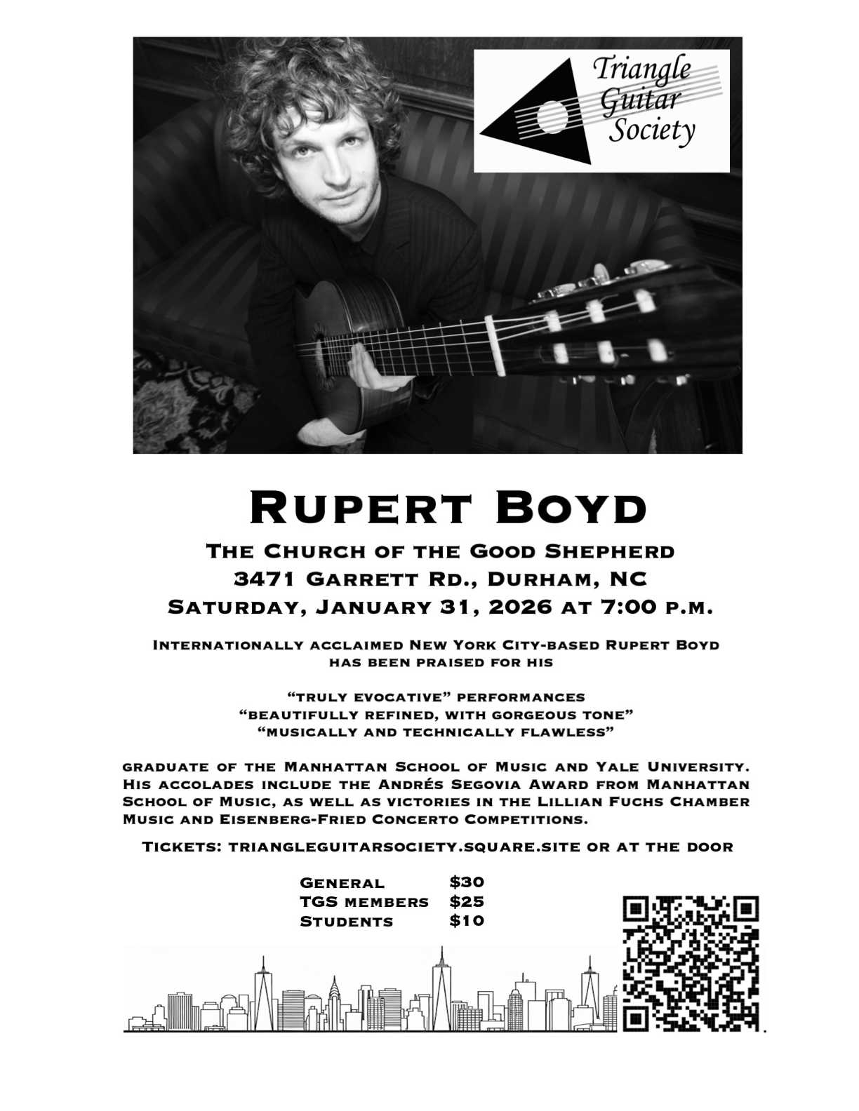 Black and white promotional flyer featuring a man with curly hair holding a guitar. The flyer promotes a performance by Rupert Boyd at the Triangle Guitar Society in Durham, NC, on January 31, 2026, at 7:00 p.m. It includes event details, ticket prices, and a QR code.