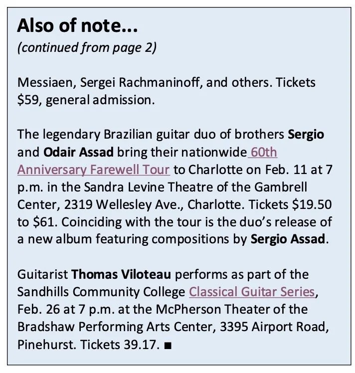 Text excerpt about various musical performances and events, including a 60th anniversary farewell tour for Sergio and Odair Assad, and a classical guitar series featuring Thomas Viloteau at Sandhills Community College.