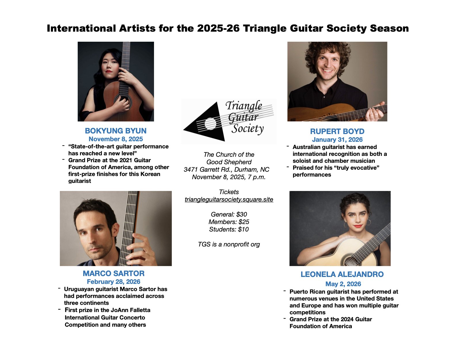 Flyer announcing the International Artists for the 2025-26 Triangle Guitar Society Season, featuring photos and bios of four guitarists: Bokyung Byun, Rupert Boyd, Marco Sartor, and Leonela Alejandro, with event details and ticket prices.