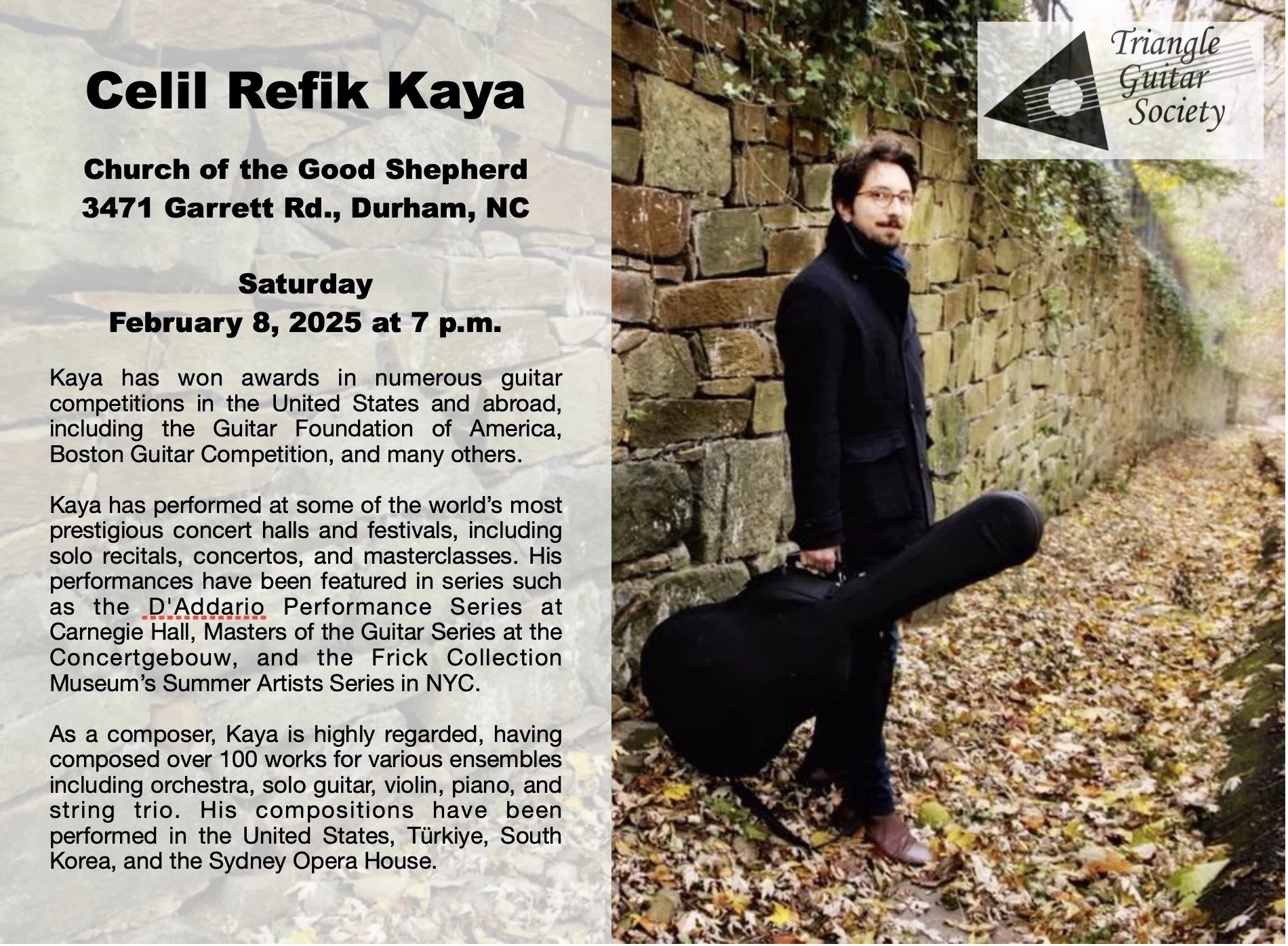 Event poster for Cellil Refik Kaya featuring a photo of Kaya with a guitar case, standing outdoors against a stone wall, and a logo of the Triangle Guitar Society in the top right corner.