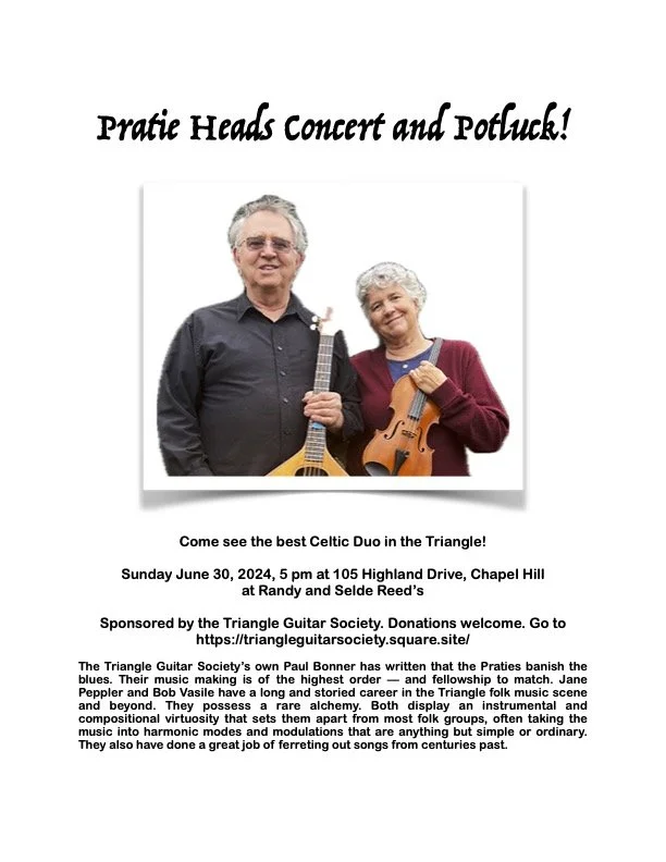 Flyer for Pratie Heads concert and potluck featuring Celtic duo, with concert details and a photo of two musicians holding instruments.