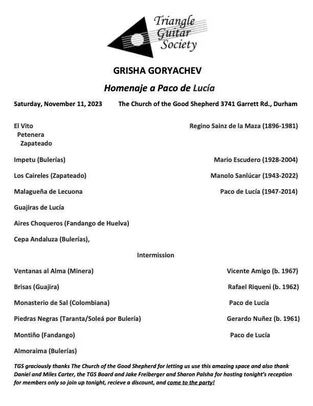 Event program for a guitar society homage event dedicated to Paco de Lucía, featuring various performances, held at The Church of the Good Shepherd in Durham on November 11, 2023.