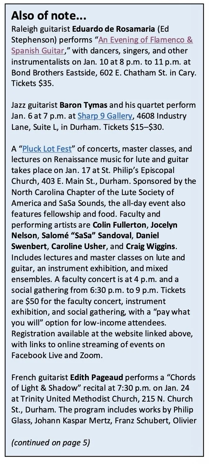 A detailed event schedule for various music performances, master classes, and lectures focusing on guitar and Renaissance music, including artists like Eduardo de Rosamaria, Baron Tymas, Colin Fullerton, Jocelyn Nelson, Salomé "SaSa" Sandoval, Daniel Swenbert, Caroline Usher, Craig Wiggins, and Edith Pageaud, with dates, times, locations, and ticket prices for events in Cary, Durham, and other venues.