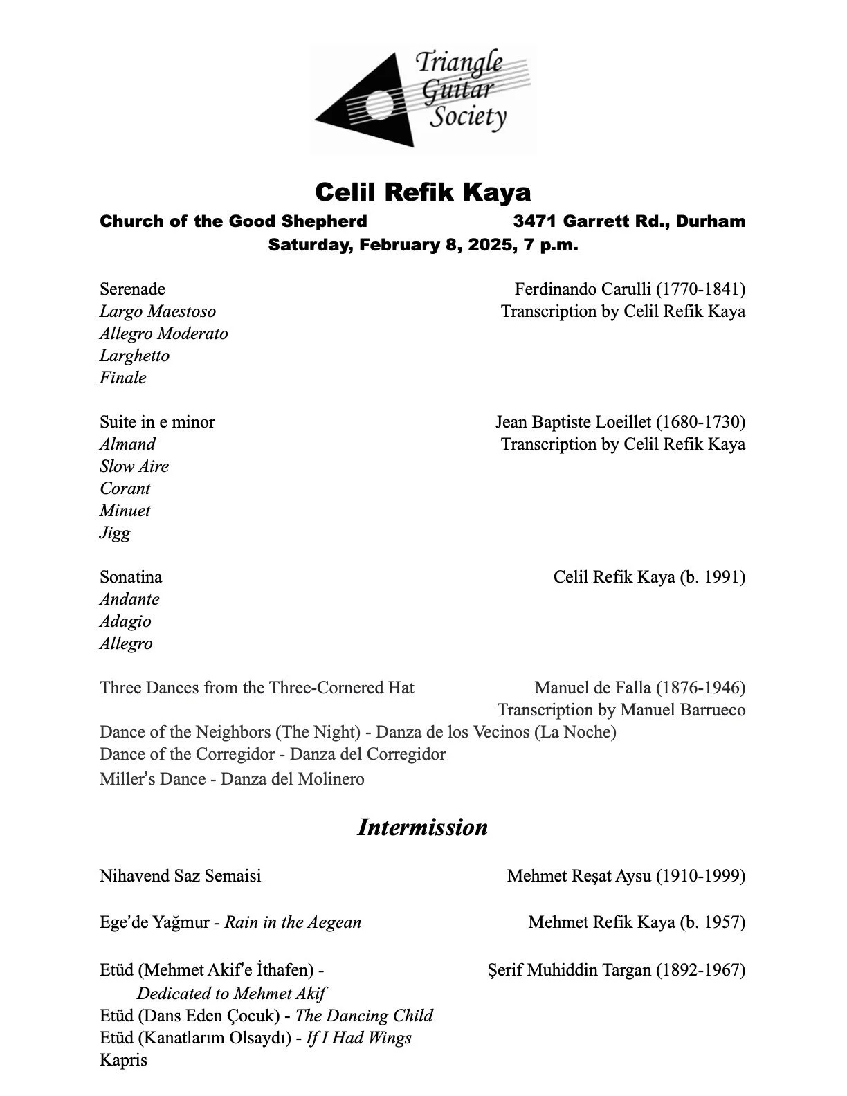 A concert program from the Triangle Guitar Society featuring compositions by Ferdinando Carulli, Jean Baptiste Loeillet, Celil Refik Kaya, Manuel de Falla, Mehmet Resat Aysu, Mehmet Refik Kaya, and Şerif Muhiddin Targan, with a logo at the top featuring a black triangle, a circle, and lines.