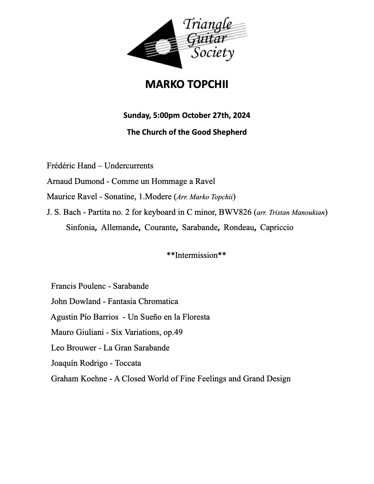 Poster for the Triangle Guitar Society featuring Marko Topchii with date, time, and list of classical guitar pieces and performers.