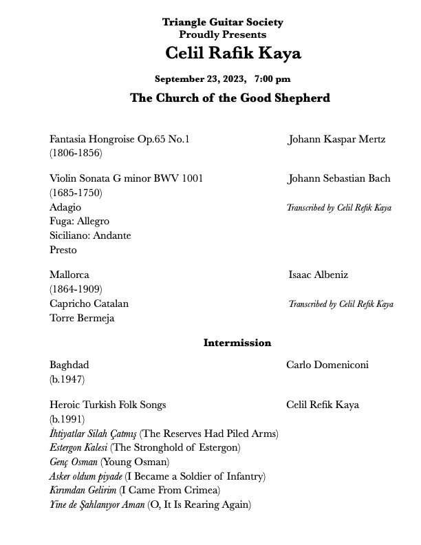 Concert flyer for Celil Rafik Kaya, September 23, 2023, at The Church of the Good Shepherd, featuring classical music selections and Turkish folk songs.
