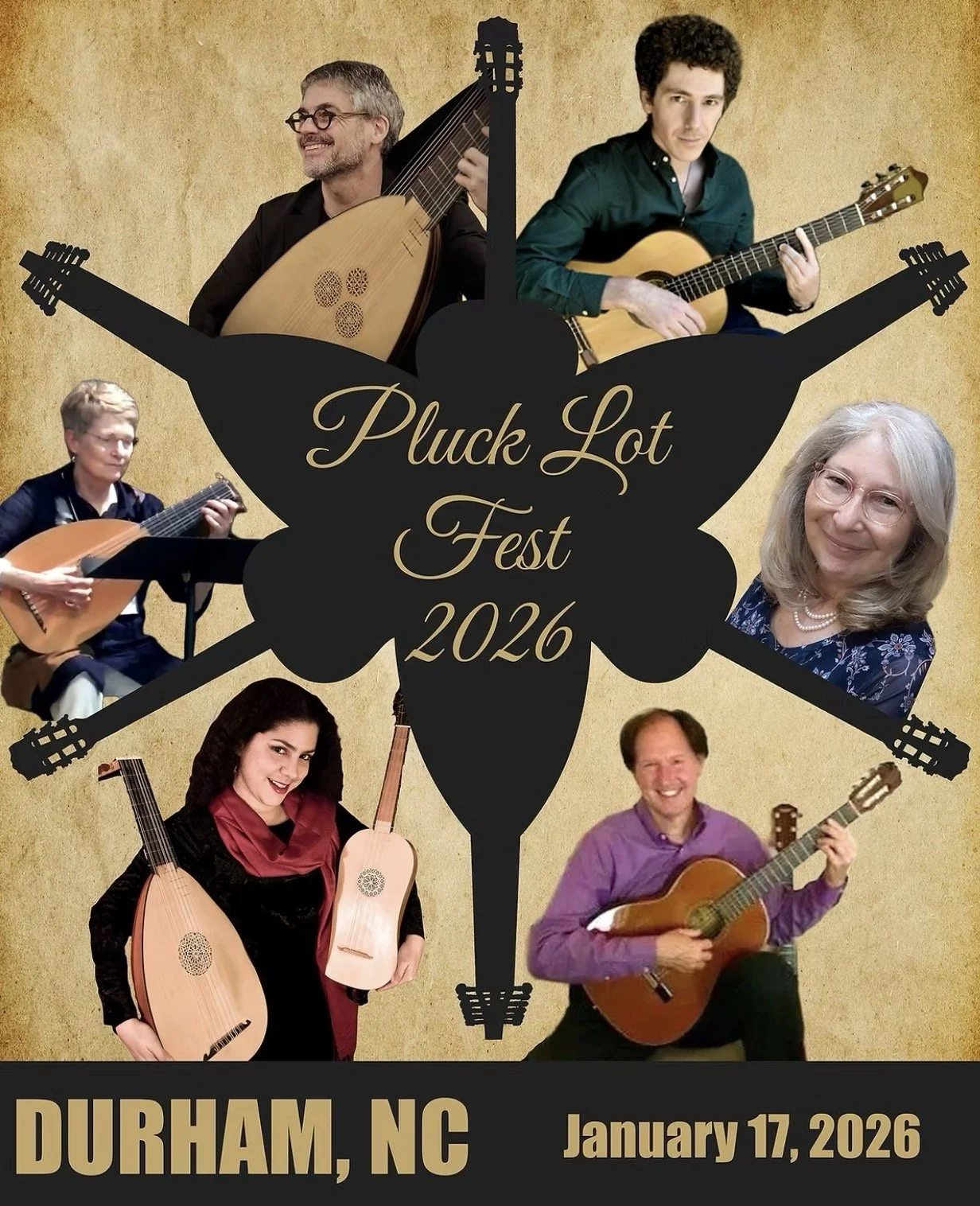 Poster for Pluck Lot Fest 2026 showing six musicians, each holding a guitar, lute, or mandolin, against a gold textured background. Event details include location in Durham, NC, and date January 17, 2026.