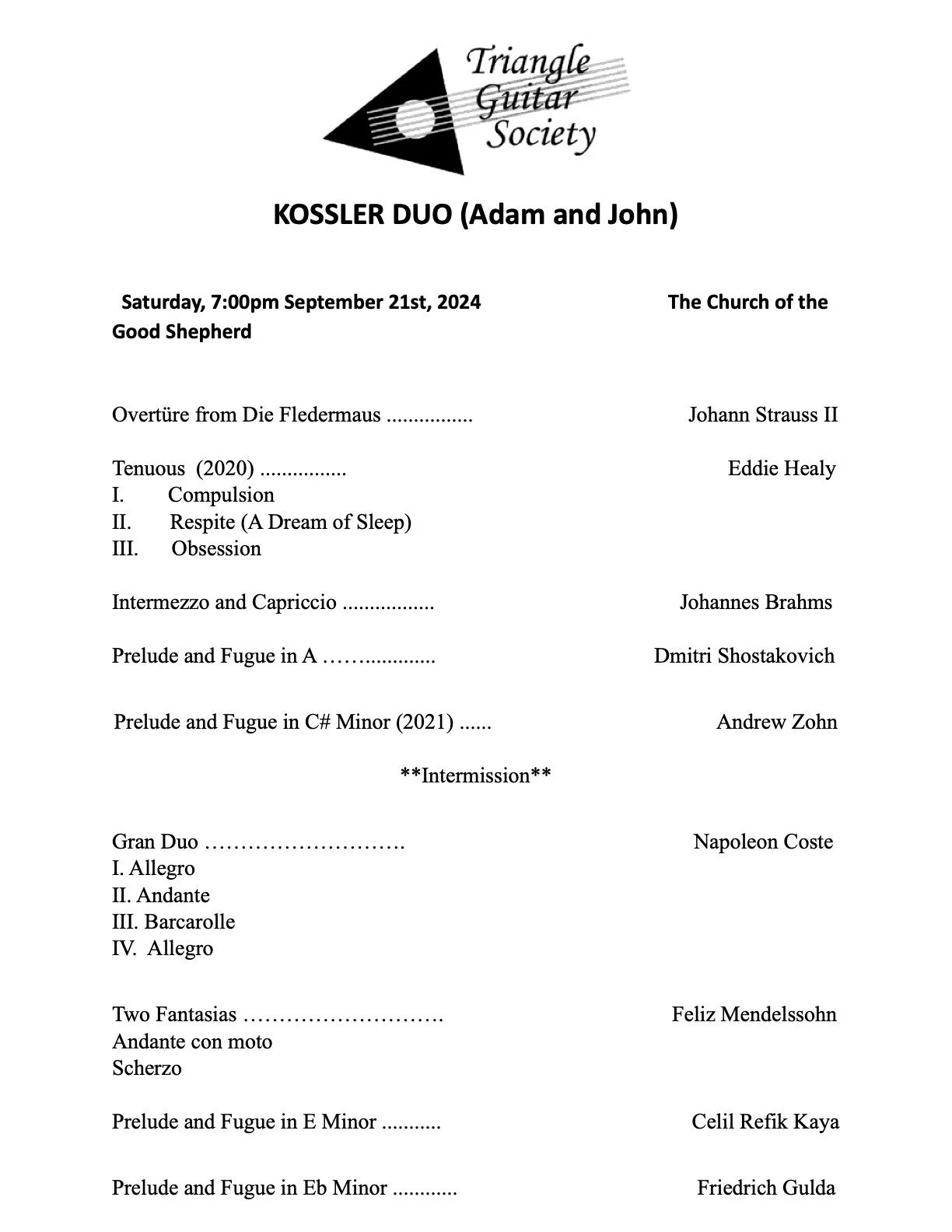 Flyer for a guitar concert by the Triangle Guitar Society featuring the Kossler Duo, scheduled for September 21, 2024, at the Church of the Good Shepherd, with a list of classical music pieces and composers.