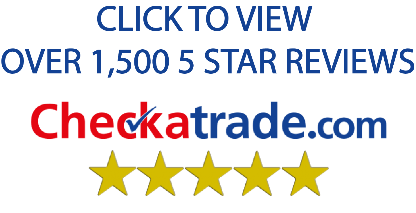 Text advertisement for CheckaTrade.com highlighting over 1,500 five-star reviews, featuring the website's logo with a check mark inside the letter 'k' and five yellow stars below.