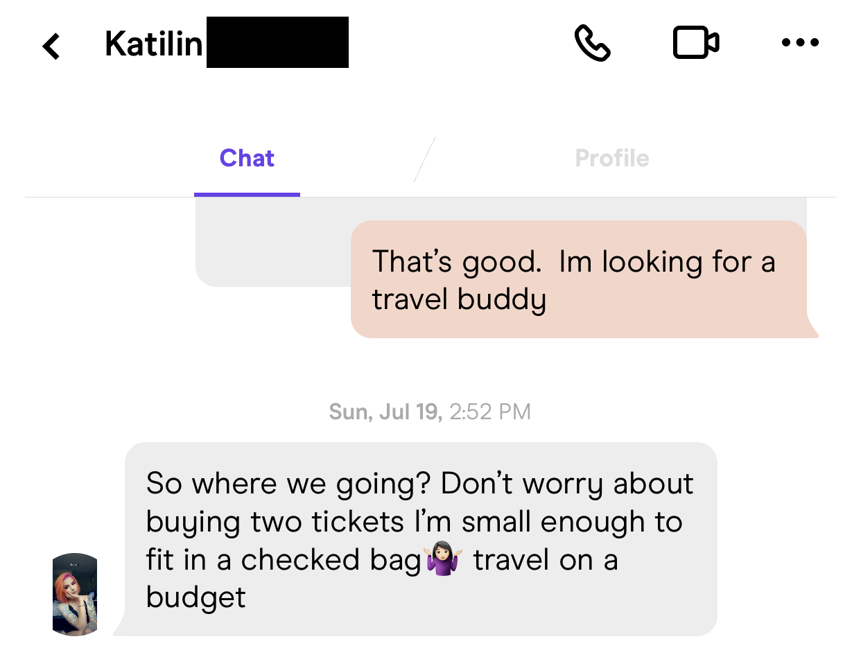 Screenshot of a text messaging conversation discussing travel plans, with a profile picture of a woman with red hair and tattoos.