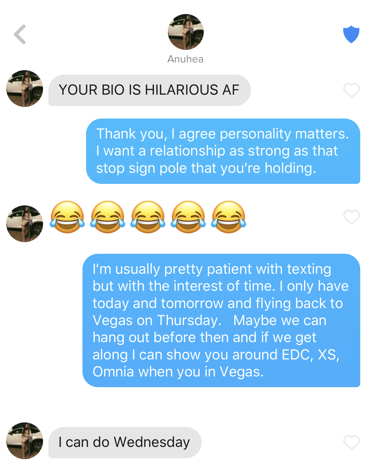 Screenshot of a text message conversation between two people, with one person sending laughing emojis and the other discussing plans to meet in Vegas.