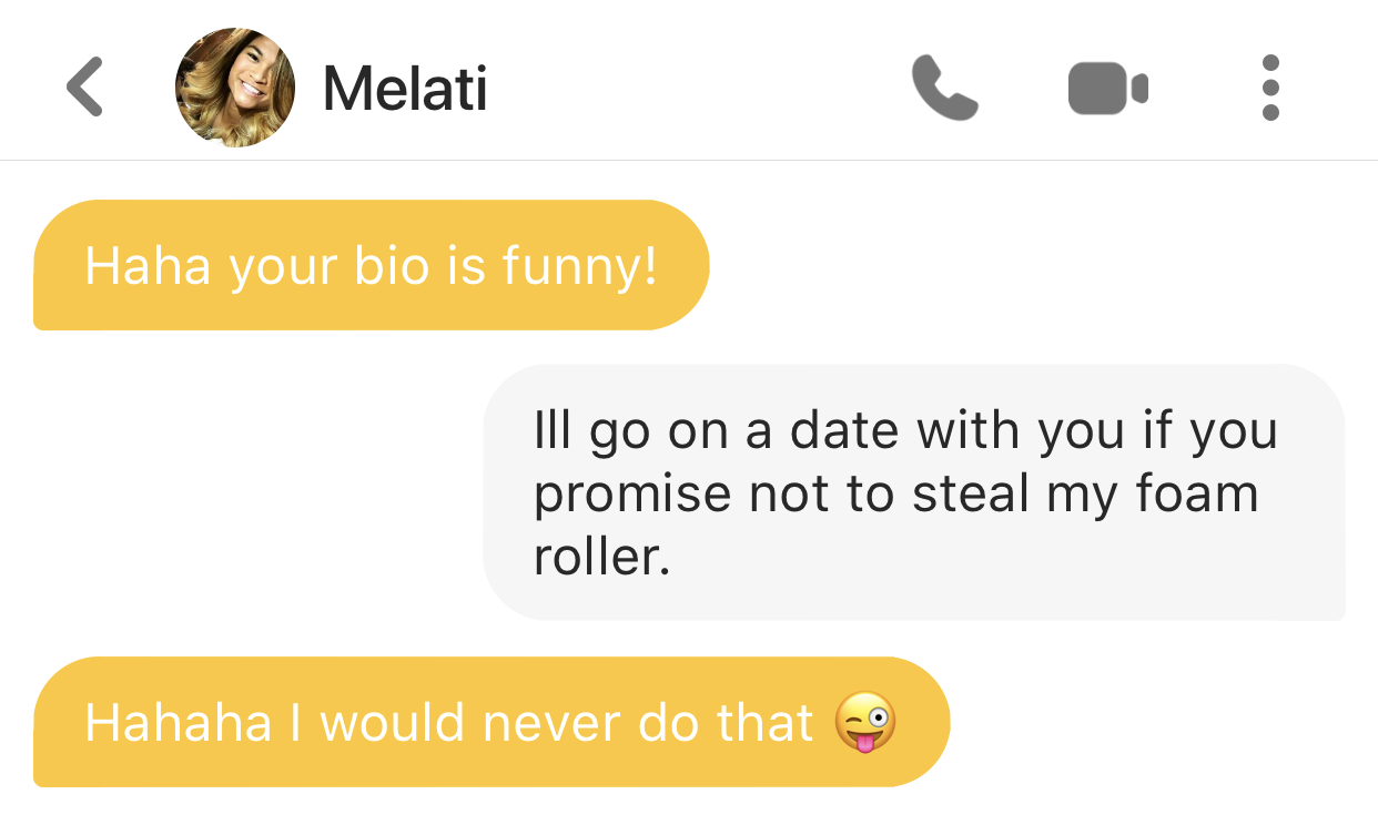 A screenshot of a text message conversation between Melati and another person. The messages include a compliment about Melati's bio, a joke about stealing a foam roller, and a playful response.
