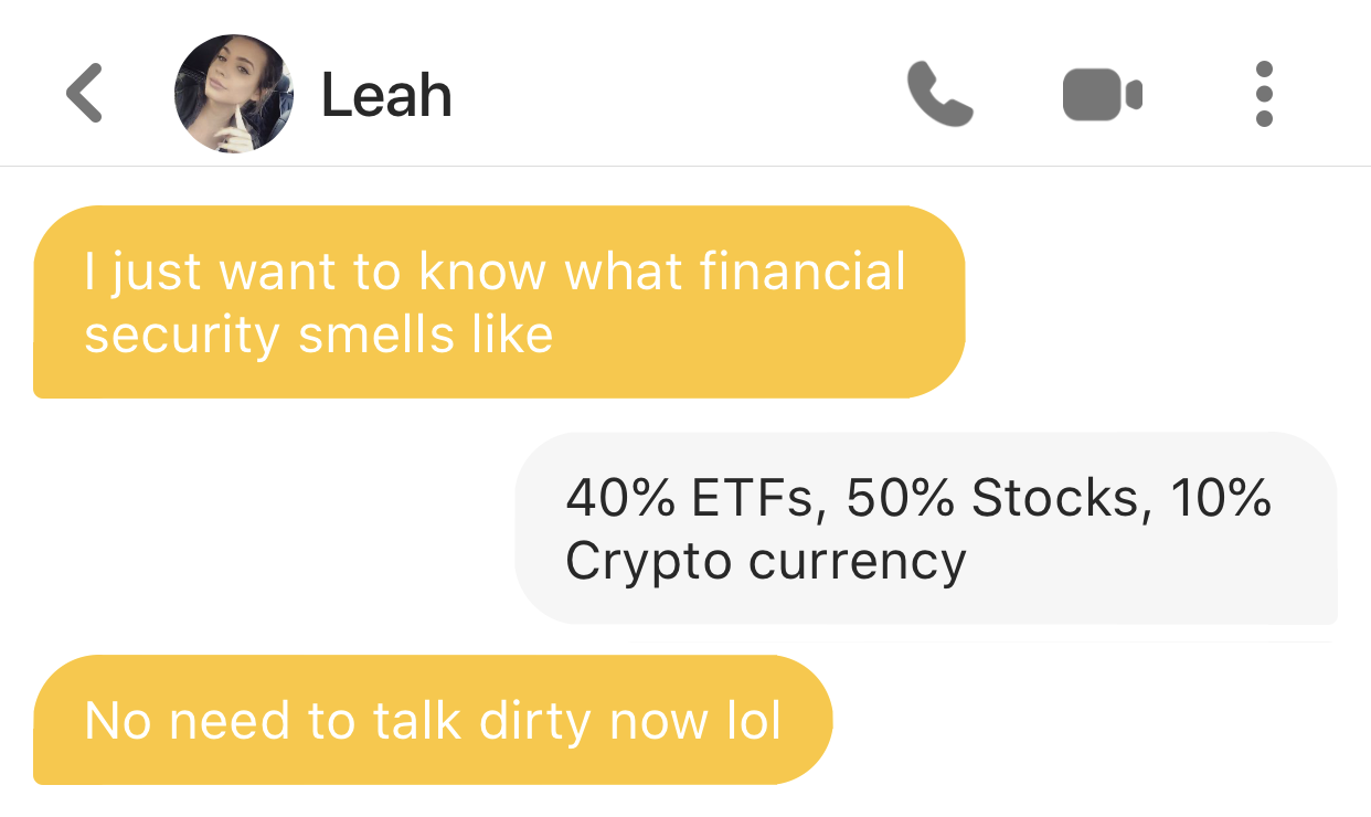 Screenshot of a WhatsApp conversation between Leah and an unknown person discussing financial security, with Leah asking about what financial security smells like and the other person replying with a portfolio allocation of 40% ETFs, 50% stocks, and 