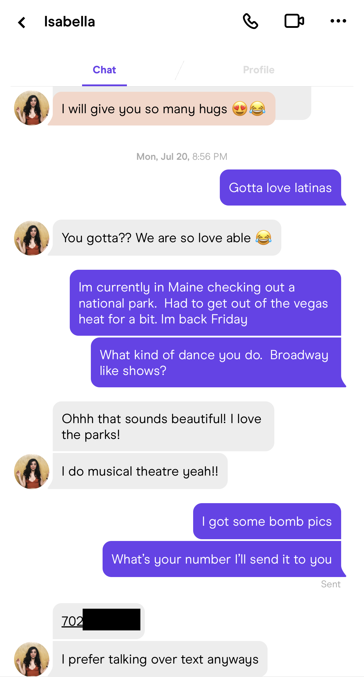 Screenshot of a text message conversation between two women, discussing hugs, love, travel, dance, musical theatre, and exchanging phone numbers.