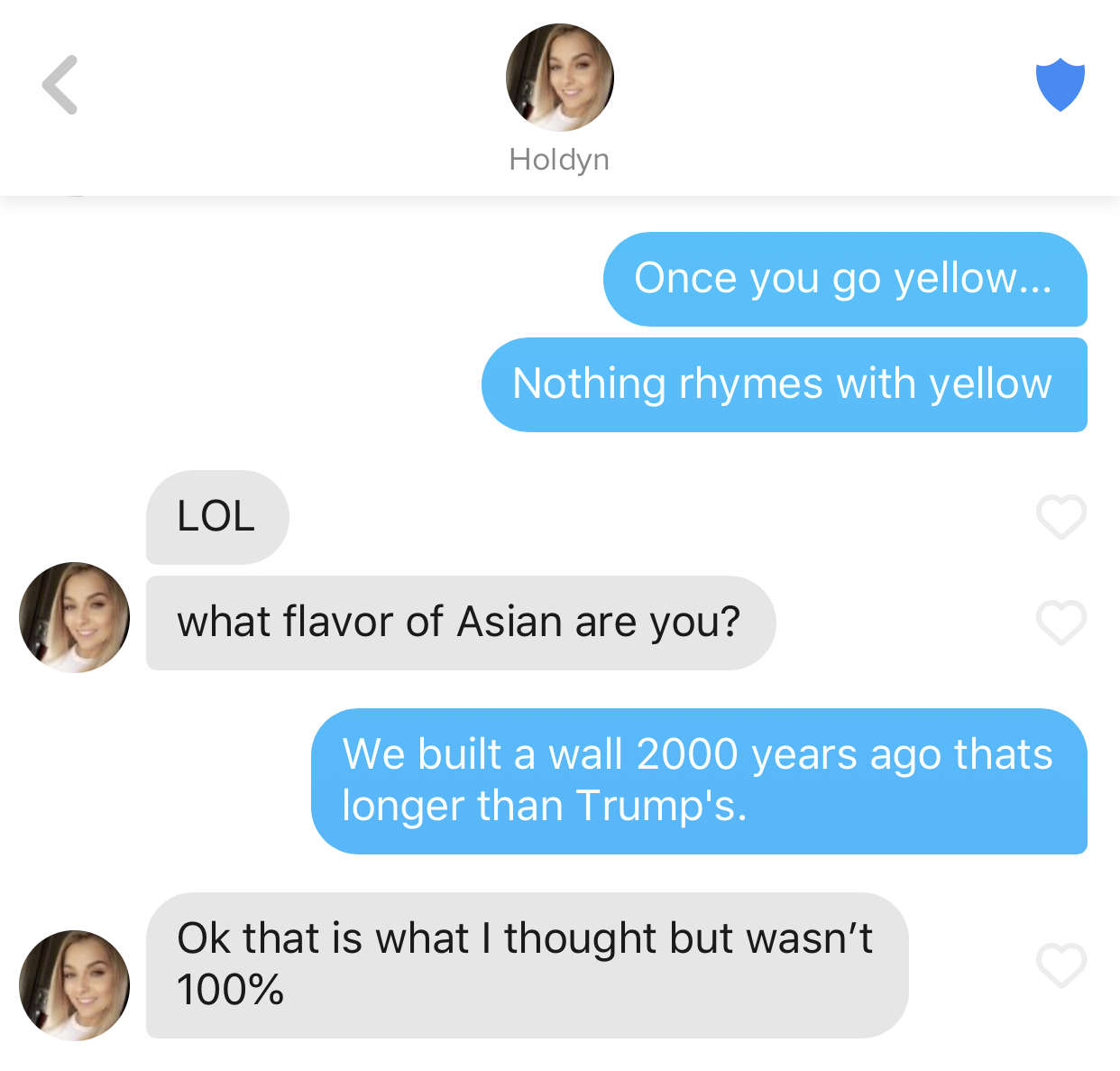 A screenshot of a text conversation between two people, with one person named Holdyn and the other person making jokes about a wall built 2000 years ago.