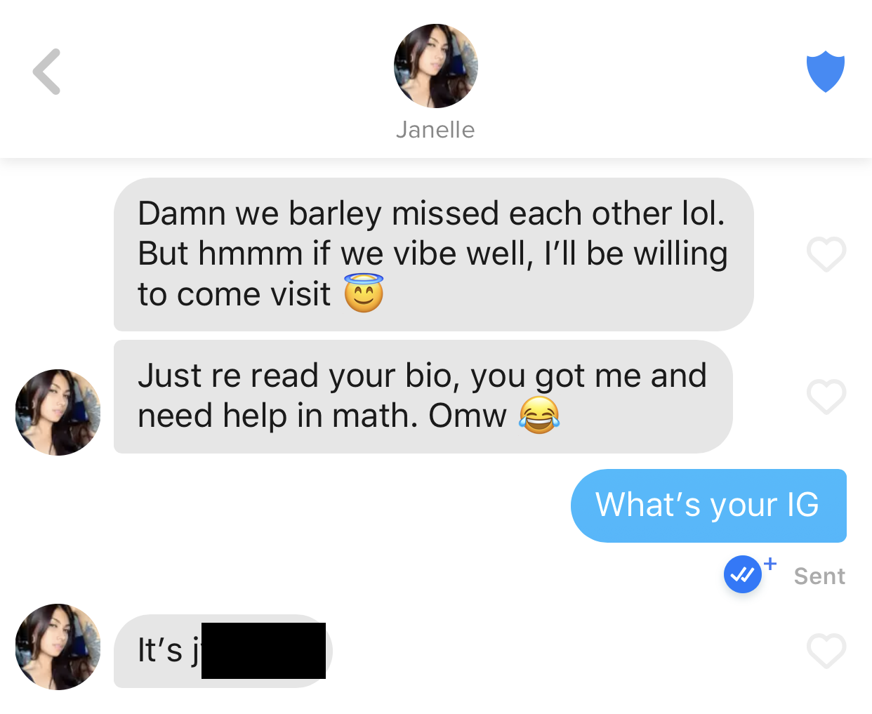 A screenshot of a text message conversation between two people. The person named Janelle discusses missing each other and plans to visit, expressing interest in each other's Instagram.