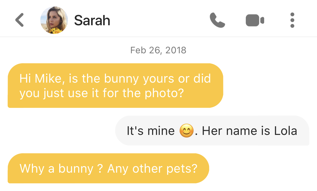 A screenshot of a text message conversation between Sarah and Mike, discussing a bunny named Lola. Sarah asks if Lola is Mike's bunny or just used for a photo, and Mike responds that Lola is his, with a smiling emoji, and mentions her name is Lola.