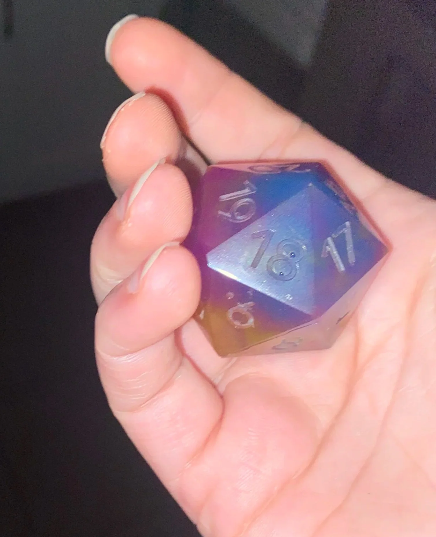 Glowing dice are rarely as impressive in the light, but there was still some nice coloration in this combination of colors. 