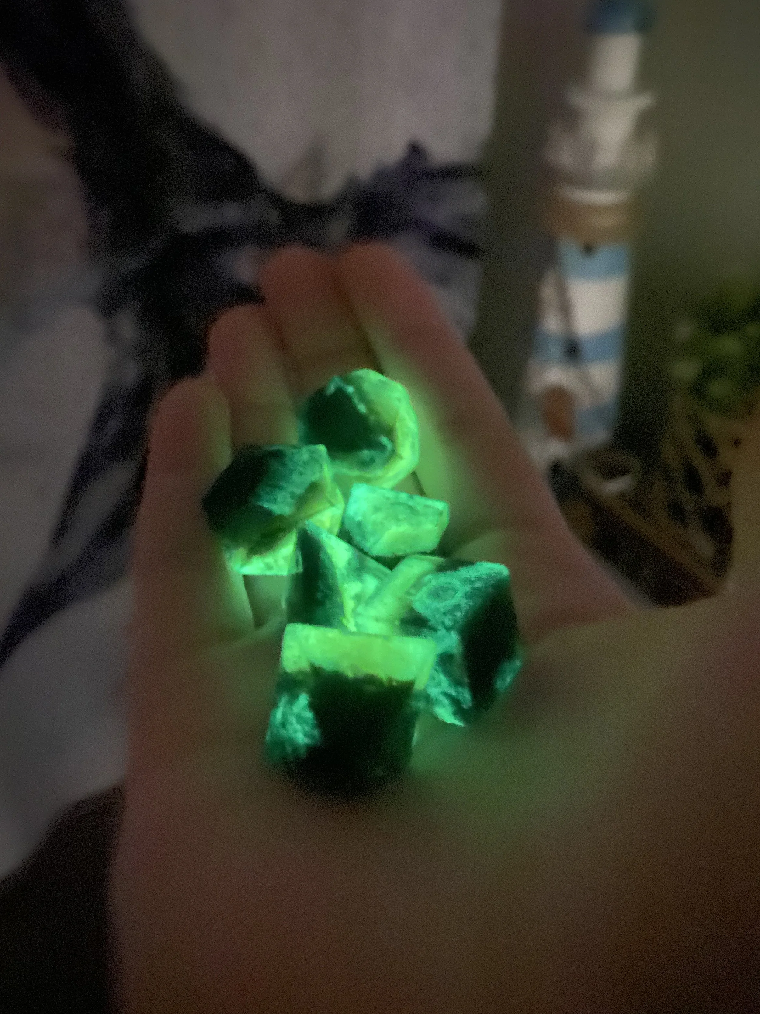 This was a request for a glowing set of dice. They don't seem like much in the light... but they really popped when the lights turned off! 