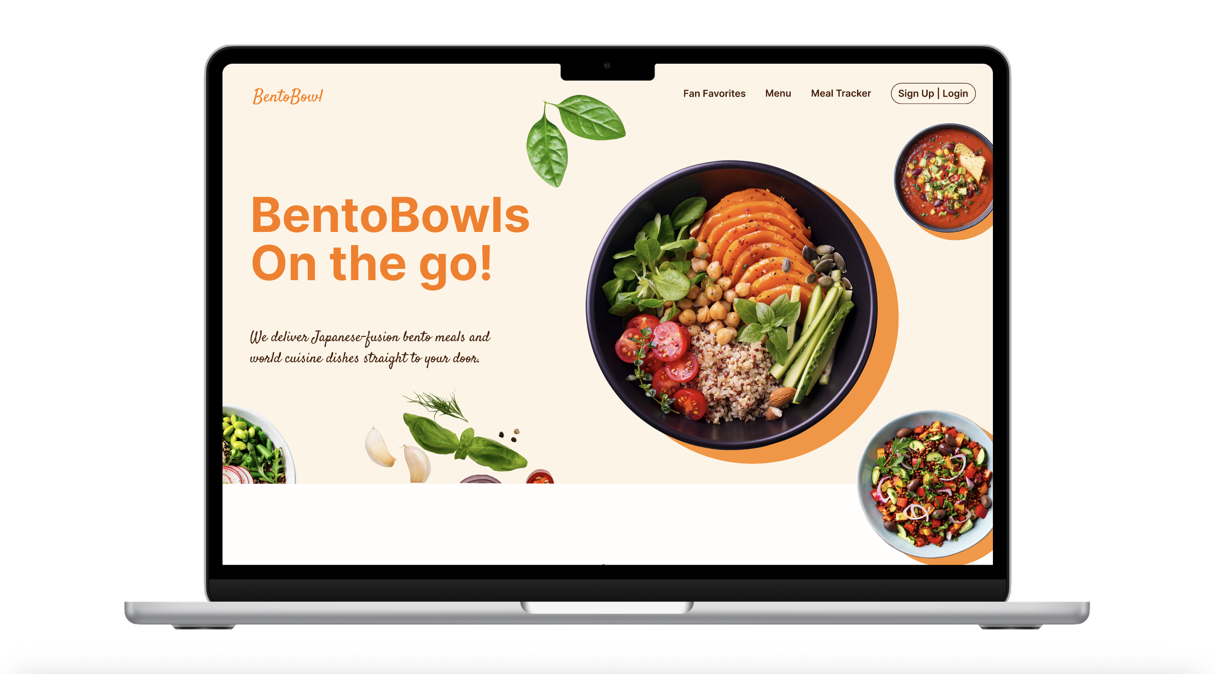 Laptop displaying a website for BentoBowls, with images of various colorful bento meals and salads, featuring a large bowl of salad with vegetables and grains, and smaller bowls of soup and salad.