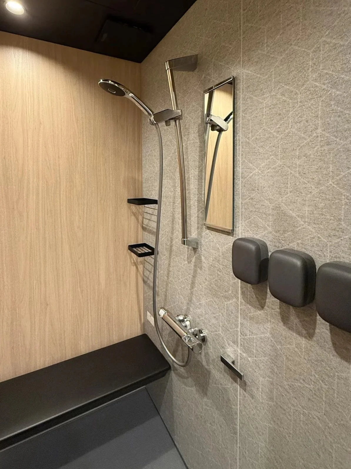 A modern shower area with a handheld showerhead, a small mirror, and three black dispensers mounted on a textured wall.