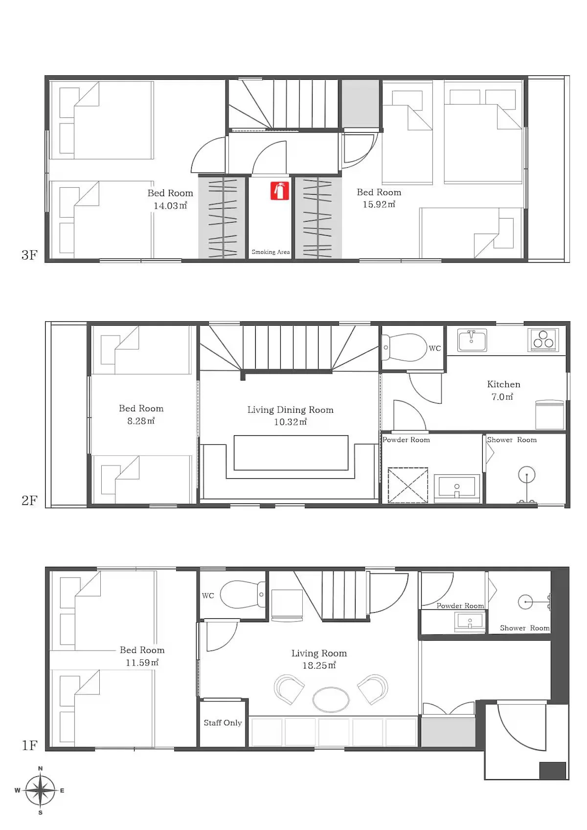 Floor plan of a three-story house with labeled rooms. The first floor includes a bedroom, a large living room, a staff-only room, and a bathroom with a shower and powder room. The second floor contains a bedroom, a living dining room, a WC, and a kitchen with a powder room and shower. The third floor has two bedrooms, a smoking area, and two bathrooms.